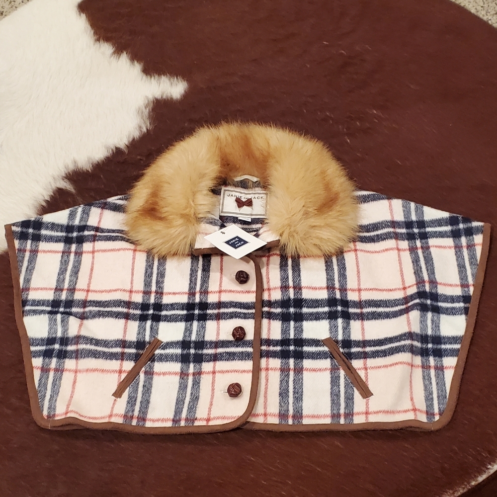 JANIE and JACK GIRLS PLAID FUR COLLAR CAPE Size 6 to 12 Months Brand New